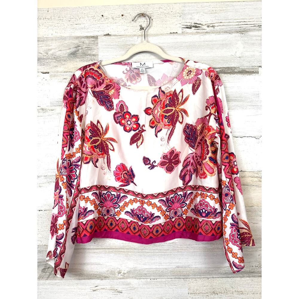 Magaschoni Womens S Petite White Pink Floral Silky Long Sleeve Cropped Blouse